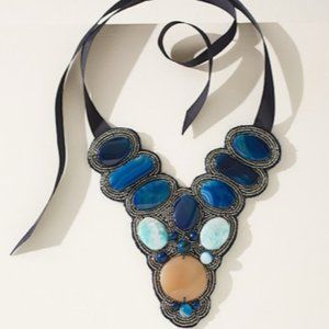NWOT Chico' s Blue Agate Bib Statement Necklace with Ribbon Tie OS